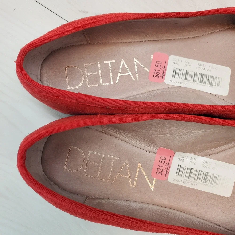 Deltan Quinn Cherry Red Suede Square Toe Ballet Flats Women 9.5M Bow Accent Chic